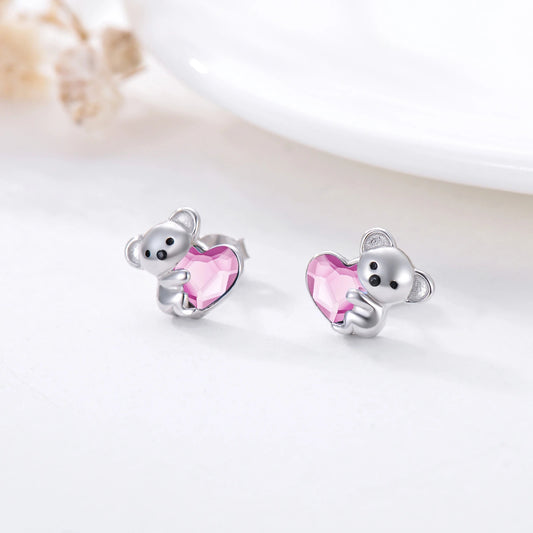 YFN 925 Sterling Silver Koala Bear Cute Animal Hypoallergenic Heart Crystal Earrings Jewelry (US only)