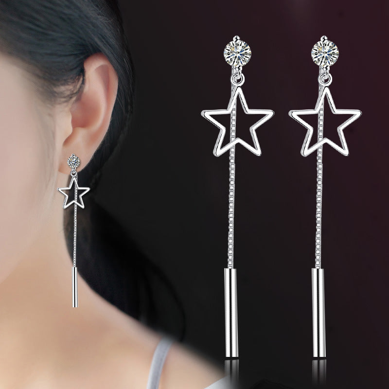 ANENJERY 925 Sterling Silver Zircon Star Long Tassel Earrings For Women Ear Chain oorbellen boucles d oreilles S E444