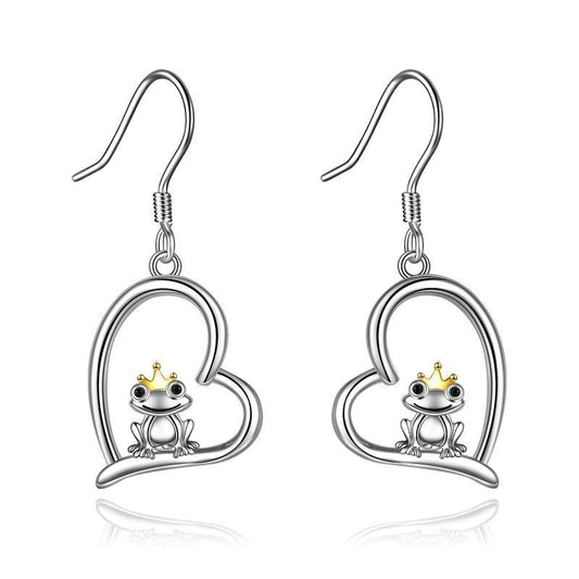 YFN Sterling Silver Heart Crown Frog Dangle Drop Earrings for Pet Lovers