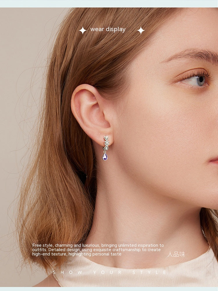 Sterling Silver S925 Vintage Purple Zircon Shell Pearls Simple Flower Earrings