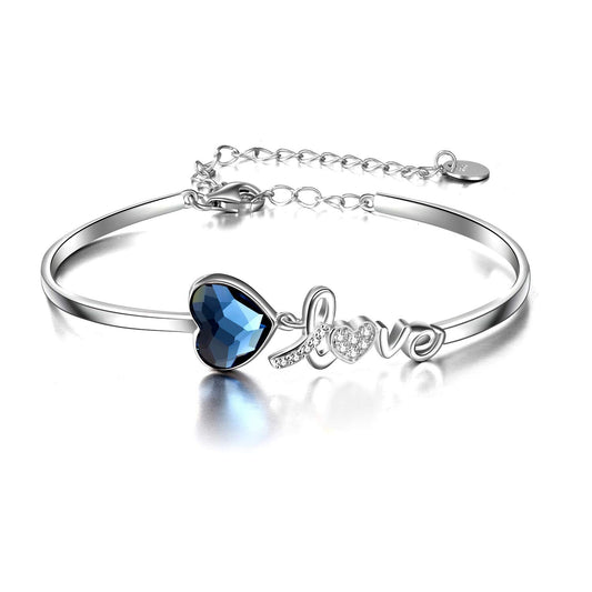 YFN Blue Crystals from Austria Love Heart Bangle Sterling Silver Bracelet in Gold / White Gold Plated (US ony)