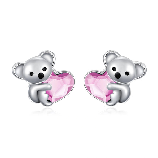 YFN 925 Sterling Silver Koala Bear Cute Animal Hypoallergenic Heart Crystal Earrings Jewelry (US only)