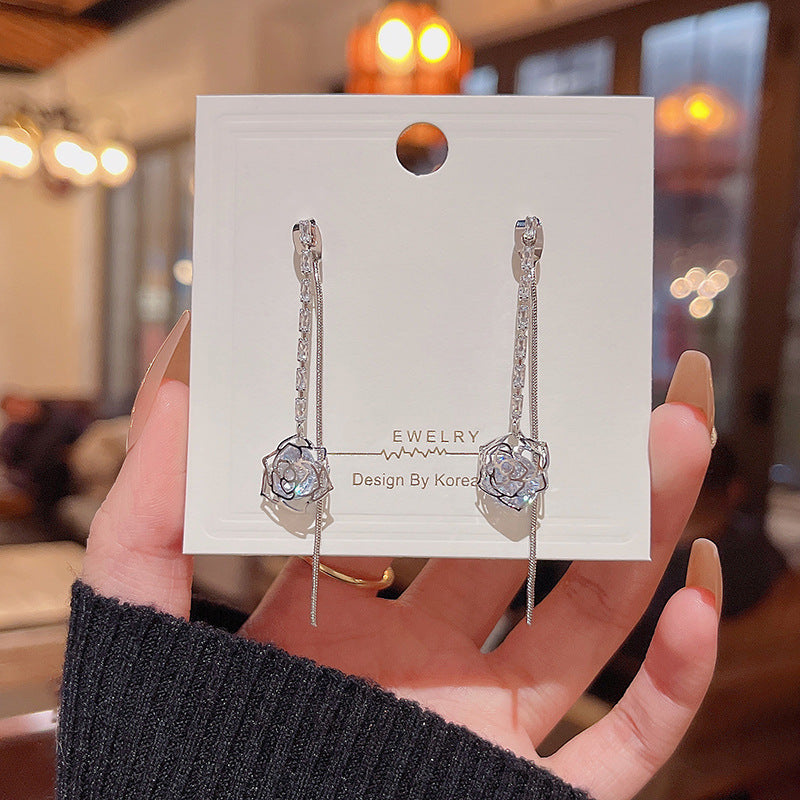 Silver Needle Long Fringed Zircon Earrings