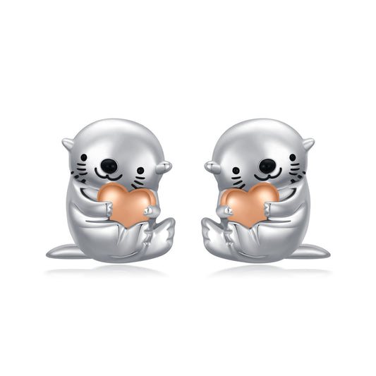 YFN Sea Otter With Heart Earrings Sterling Silver Animal Stud Earrings Otter Earrings (US only)