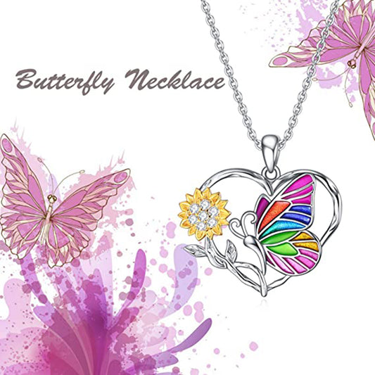 colorful butterfly sunflower heart pendant necklace