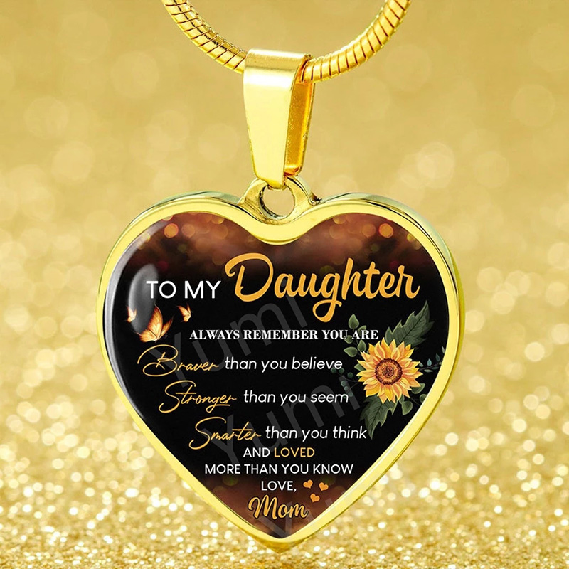 mom "to my daughter" sunflower heart-shaped inspirational epoxy necklace
