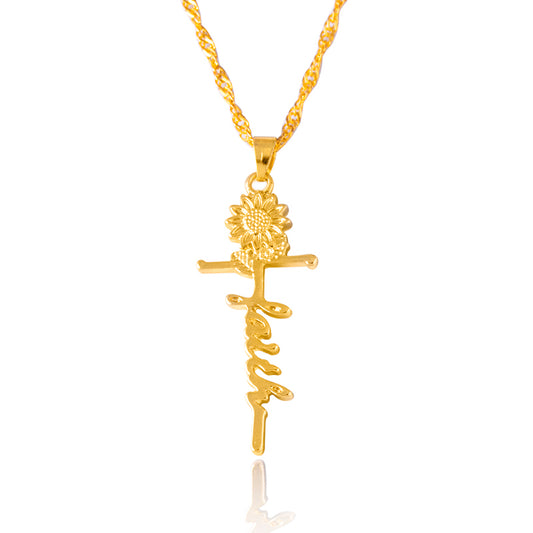 gold sunflower "faith" & cross necklace