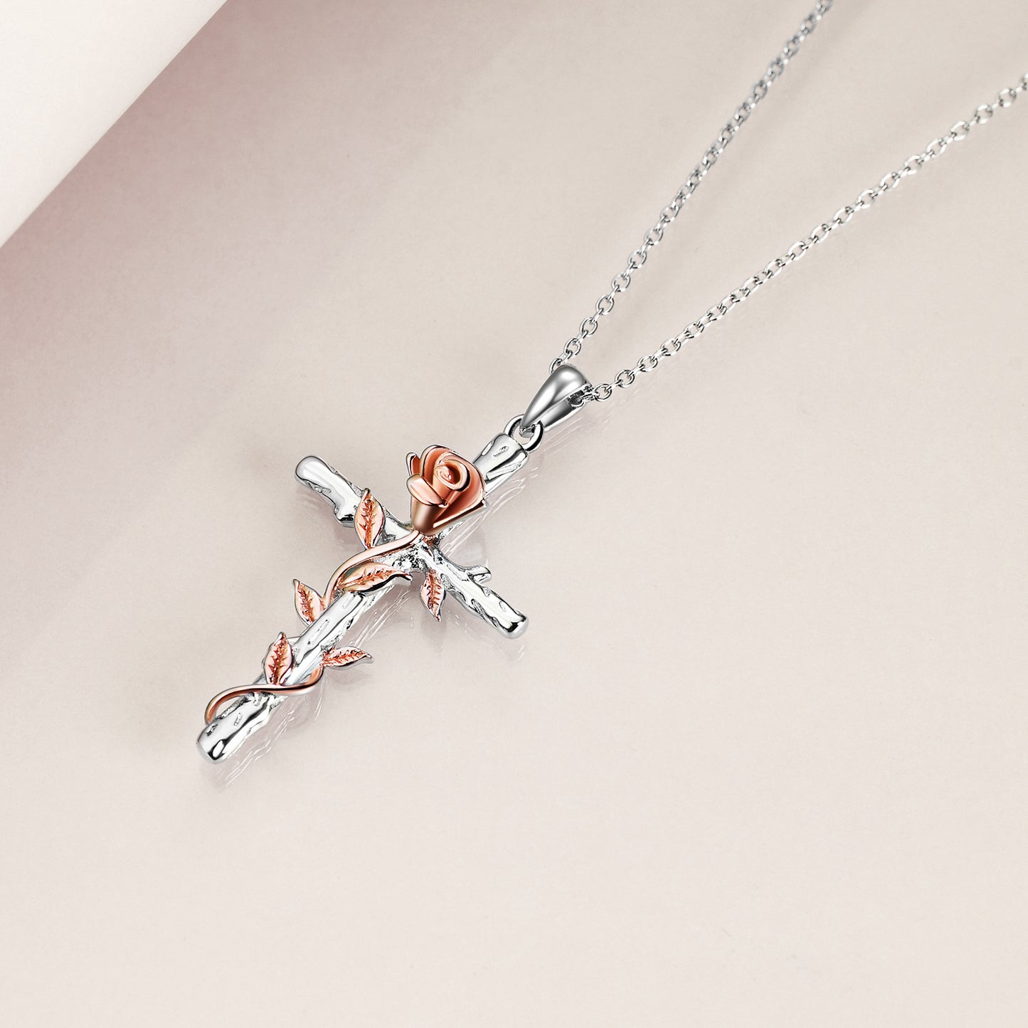 YFN S925 Rose Gold Plated Religious Cross Pendant Necklace with Rose Flower Jewelry  (Gift Box included)