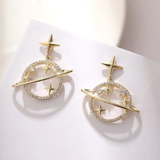 Korean Fashion Universe Planet Star Drop Earrings Aesthetic Zircon Dangle Trendy Femme Saturn Jewelry