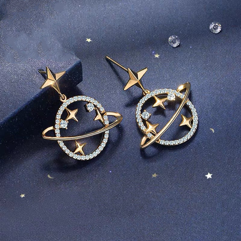 Korean Fashion Universe Planet Star Drop Earrings Aesthetic Zircon Dangle Trendy Femme Saturn Jewelry