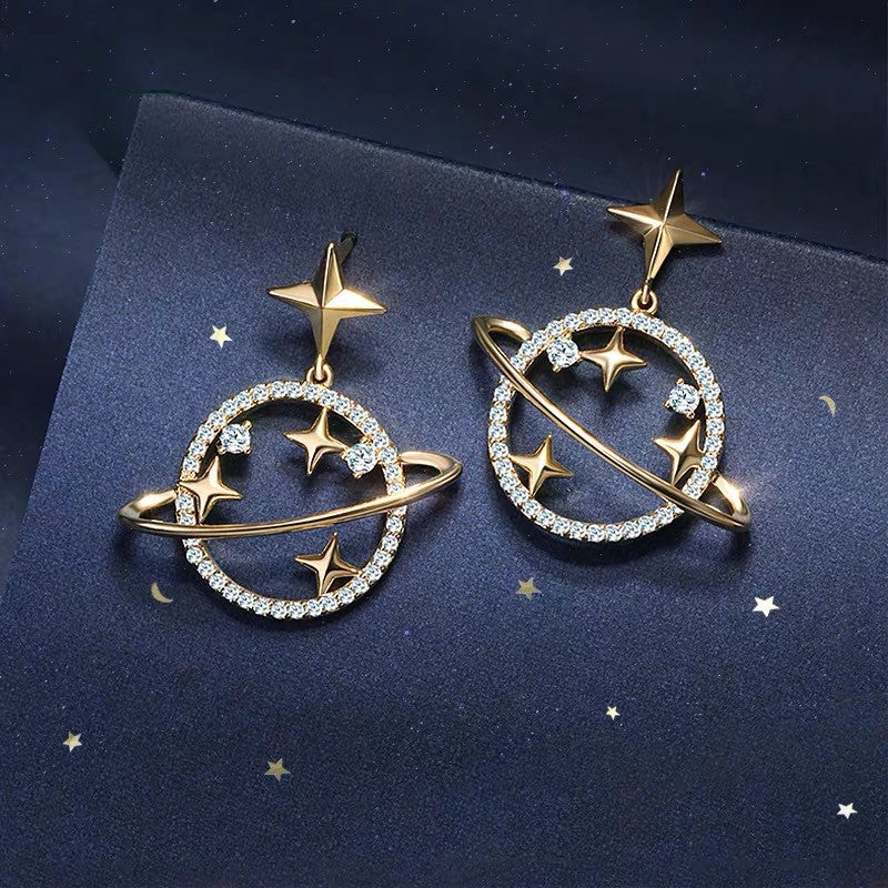 Korean Fashion Universe Planet Star Drop Earrings Aesthetic Zircon Dangle Trendy Femme Saturn Jewelry