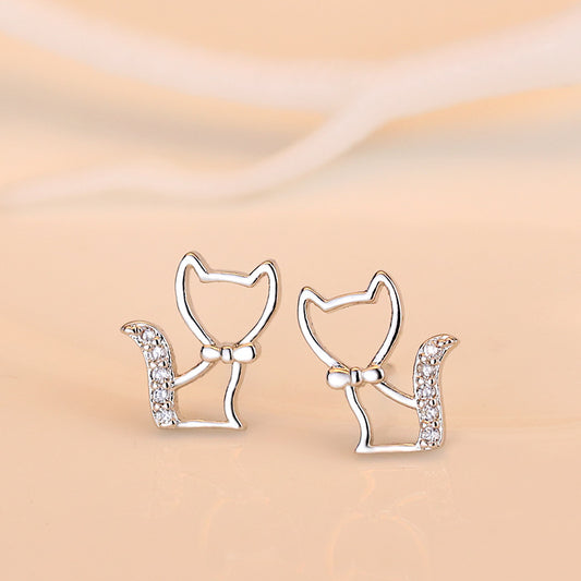 925 Silver Stud Earrings Butterfly Fox Cat Micro Inlaid Shining Zircon Accessories