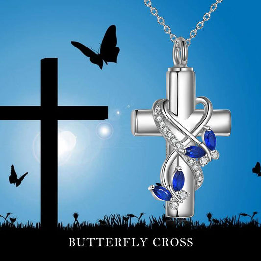 YFN S925 Butterfly Cross Urn Necklace for Ashes Memorial Cremation Keepsake Jewelry (Gift Box included)