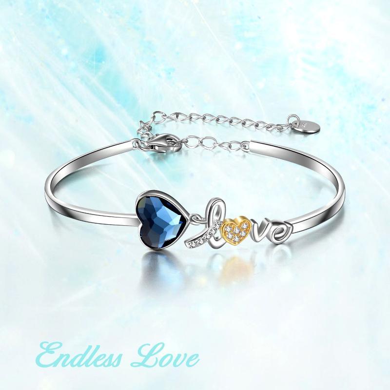 YFN S925 Sterling Silver Love Heart Bangle Bracelet Fine Crystal Jewelry