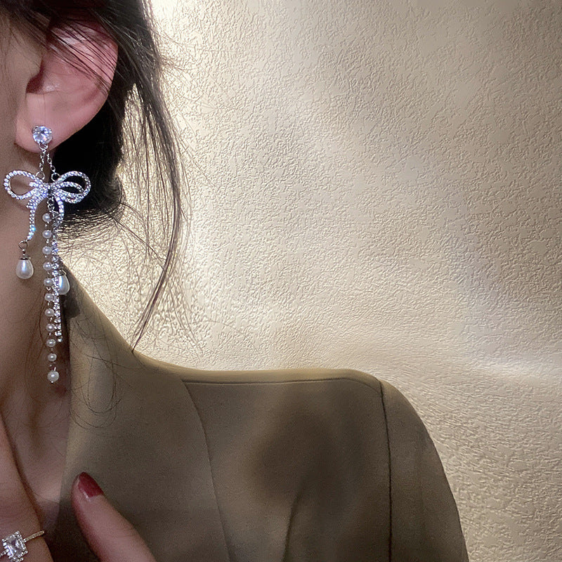 Zircon Bowknot Tassel Earrings European And American Exaggerated