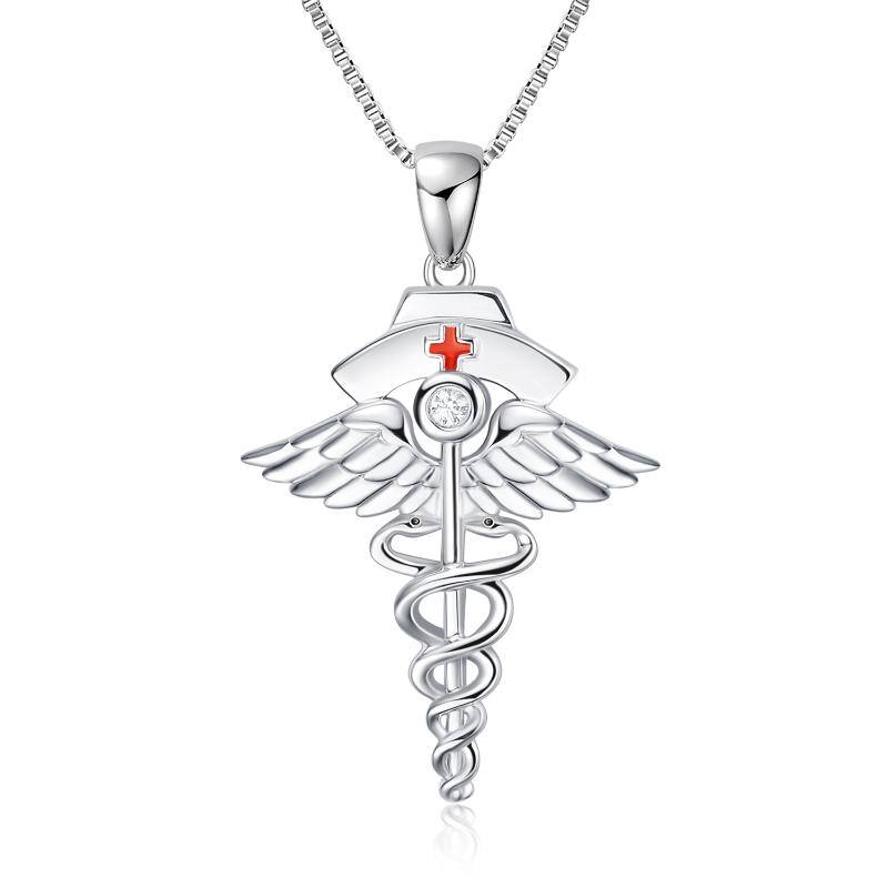 YFN S925 Stethoscope Nurse Caduceus Angel Nursing Themed Pendant Necklace (Gift box included)