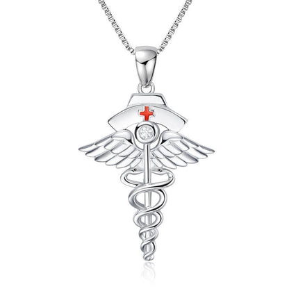 YFN S925 Stethoscope Nurse Caduceus Angel Nursing Themed Pendant Necklace (Gift box included)