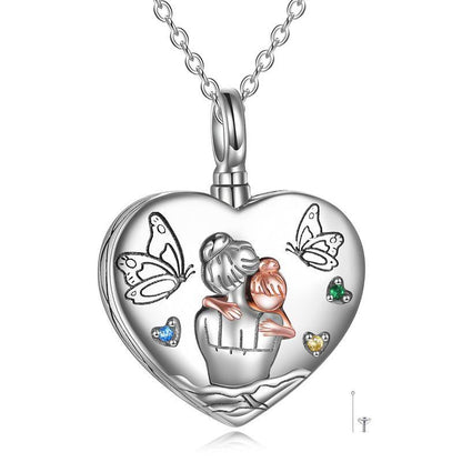 YFN S925 Mother Daughter Heart-shaped Cremation Urn Pendant Necklace (Gift Box included)