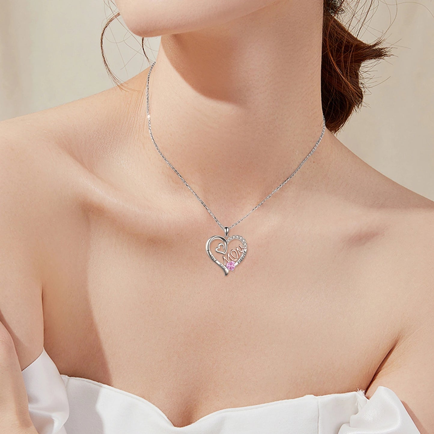 YFN Mom Necklace S925 Sterling Silver Heart CZ Pink Stone Love Mum Pendant Birthstone Jewelry for Women Mother Gifts (US only)