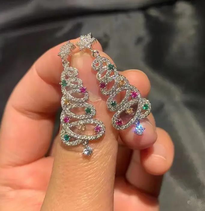 New Full Inlaid Colorful Zircon Christmas Tree Tassel Earrings Fashion Party Jewelry - Christmas Gift