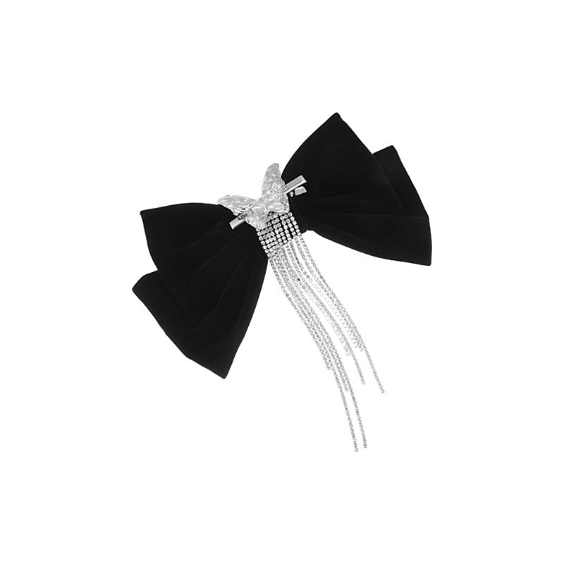High-end Light Luxury Black Velvet Bow Tassel Hair Clip