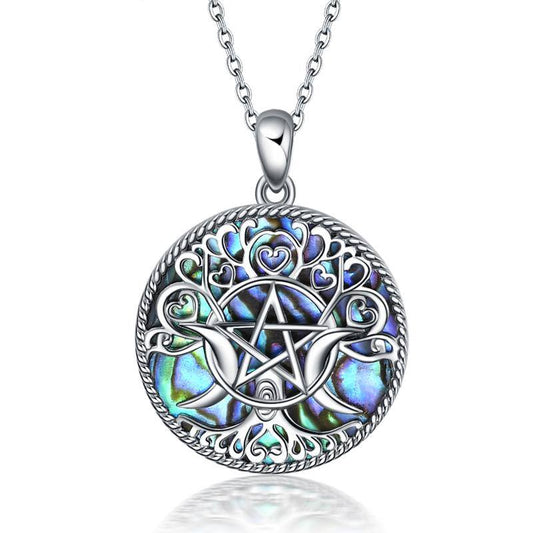 YFN S925 Triple Moon Goddess Pentagram Pentacle Pendant necklace Pagan Wiccan Jewelry (Gift box included)