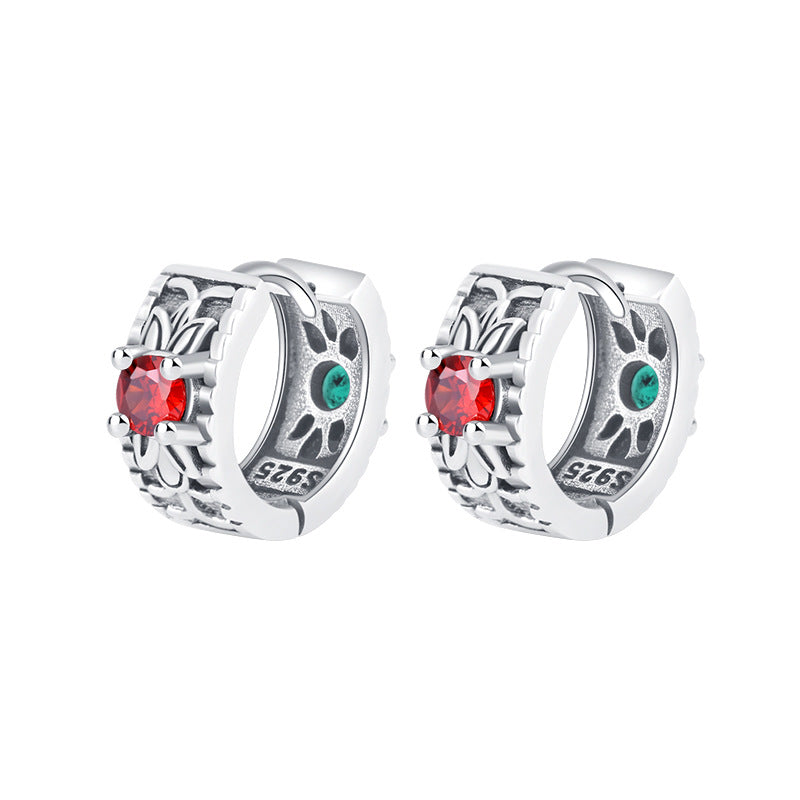925 Sterling Silver Floral Pattern Red Green Zircon Front And Back Wear Vintage Earrings