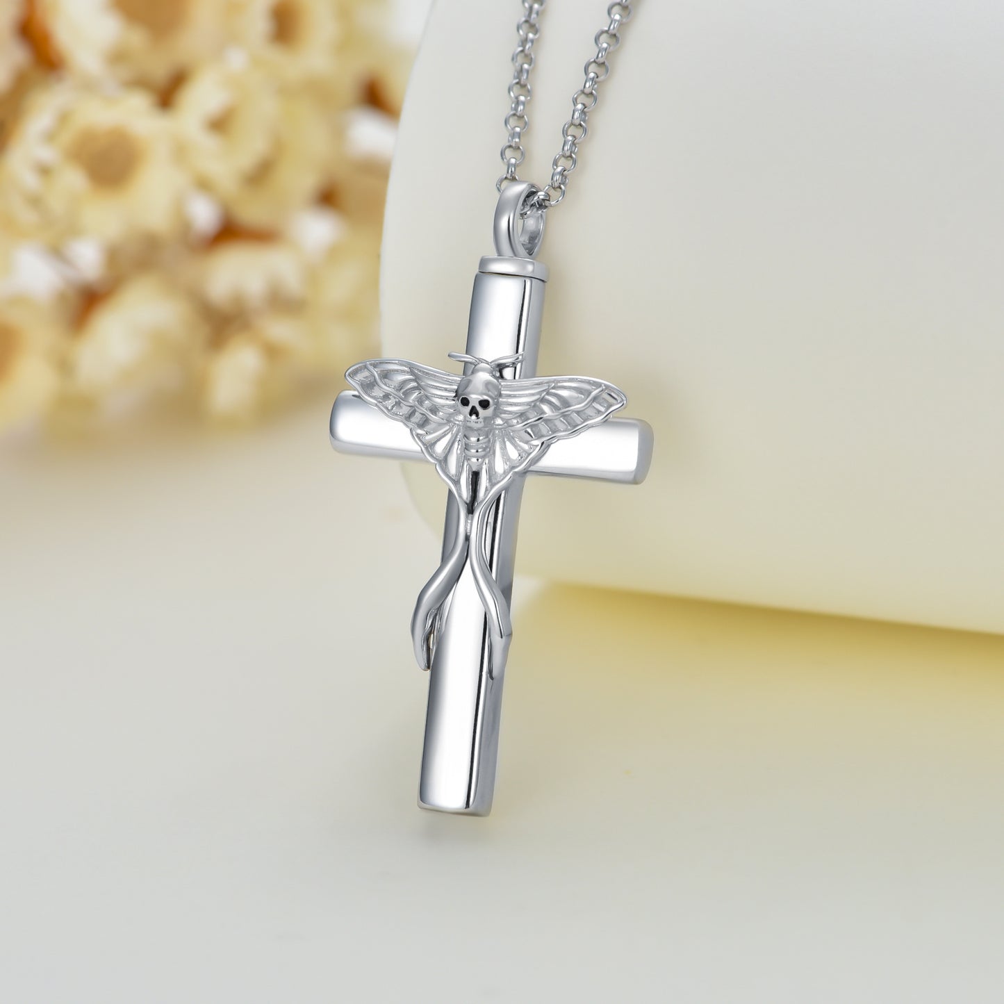 YFN S925 Cross Urn Necklace for Ashes Skull Moth Necklace Cremation Pendant Memorial Keepsake Jewelry (Gift Box included)