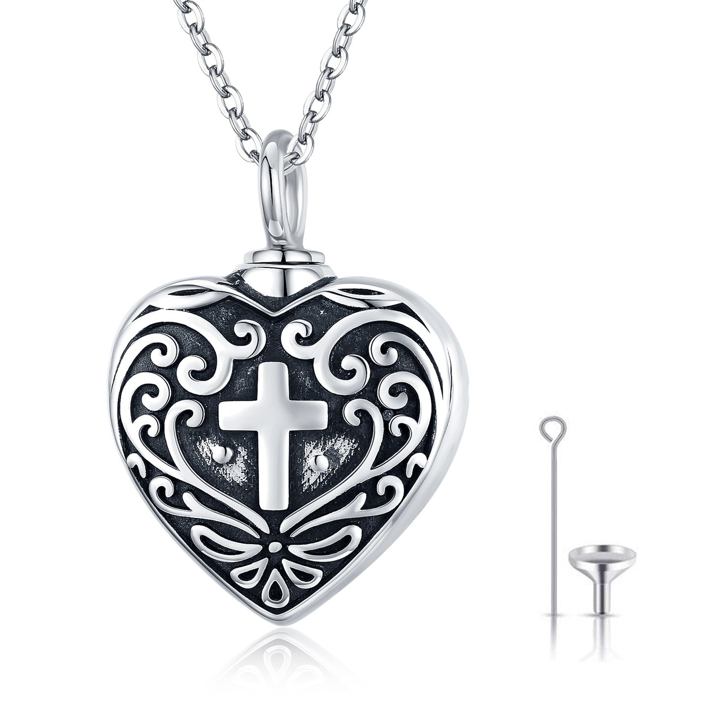 YFN S925 Cross Urn for Ashes Heart Cremation Keepsake Memorial Jewelry (Gift Box included)