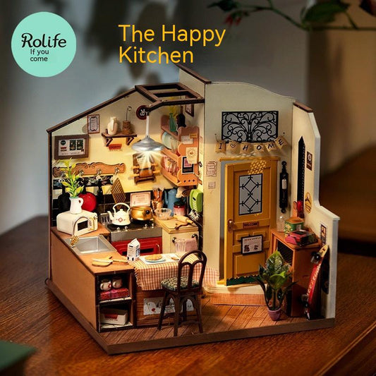 DIY cabaña feliz cocina miniatura casa pequeña creativa casa de muñecas ensamblada a mano modelo de juguete niños