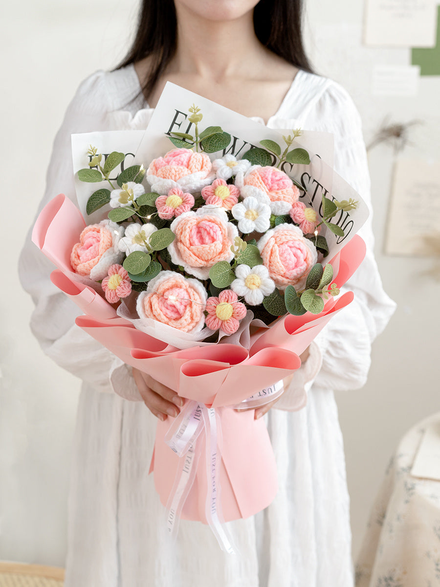 Pink Knitted Wool Bouquet Rose FINISHED PRODUCT