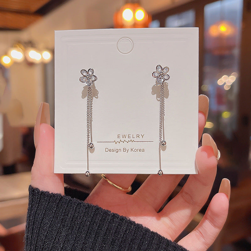 Silver Needle Long Fringed Zircon Earrings