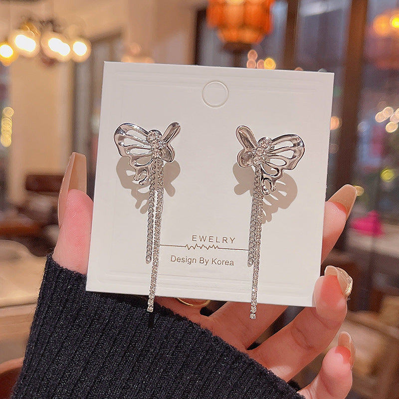 Silver Needle Long Fringed Zircon Earrings