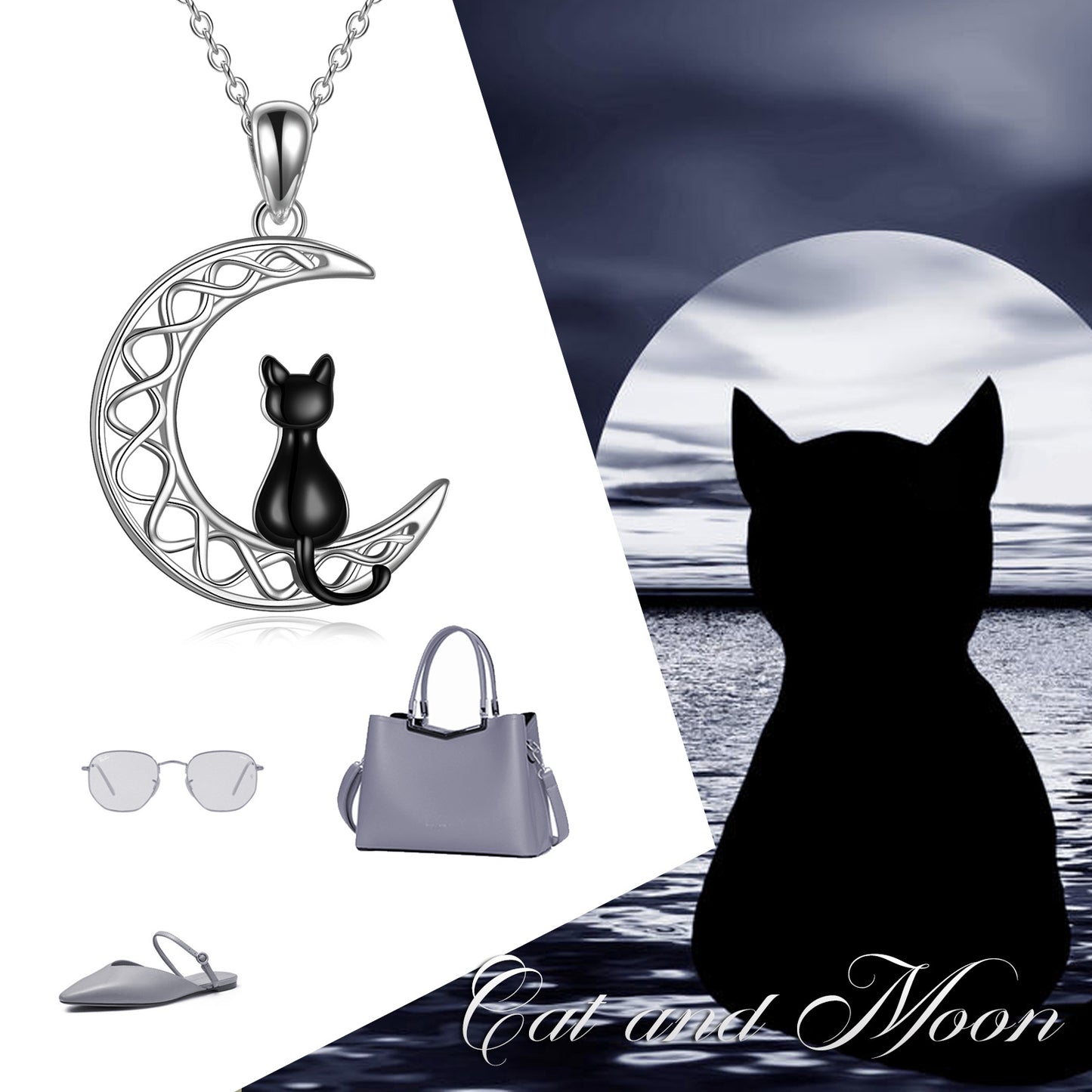 YFN Black Cat Necklace for Women Sterling Silver Celtic Moon Irish Jewelry (Gift Box included)