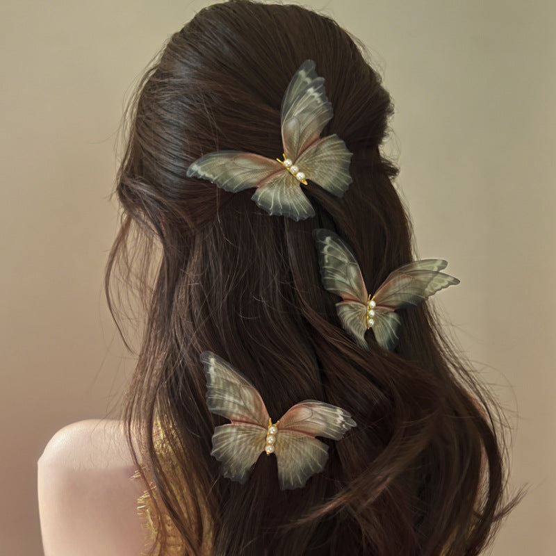 Mesh Pearl Butterfly Barrettes Updo Duckbill Clip