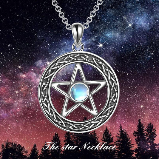 YFN S925 Sterling Silver Pentagram Celtic Moonstone Necklace (Gift box included)