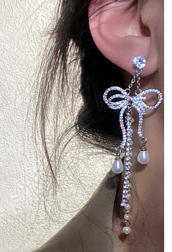 Zircon Bowknot Tassel Earrings European And American Exaggerated