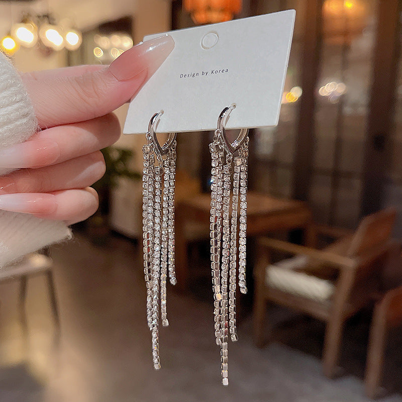 Silver Needle Long Fringed Zircon Earrings