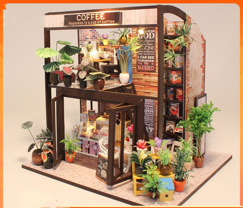 Cottage Time-casa de café, floristería, modelo hecho a mano, juguetes de montaje de casa