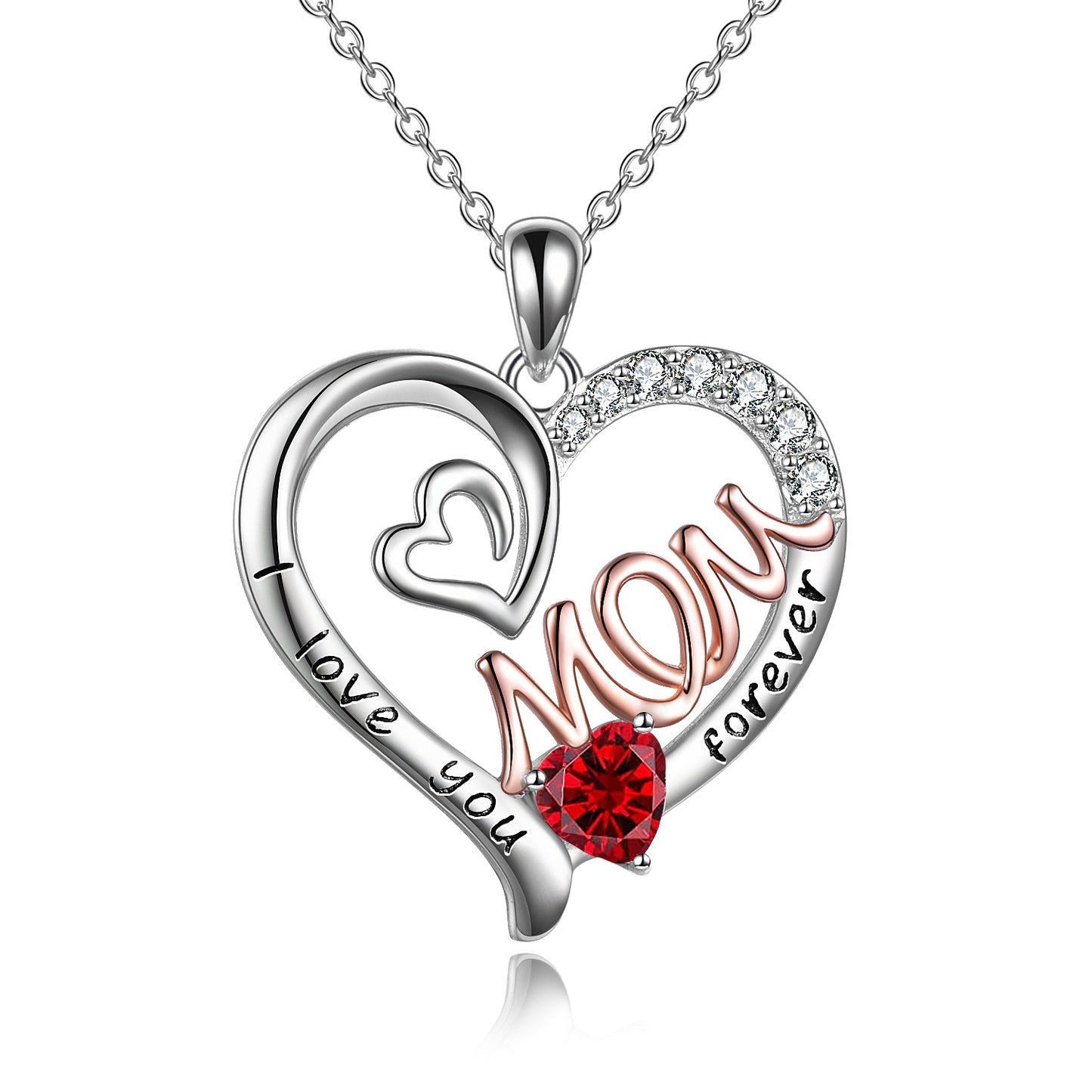YFN Mom Necklace S925 Sterling Silver Heart CZ Pink Stone Love Mum Pendant Birthstone Jewelry for Women Mother Gifts (US only)