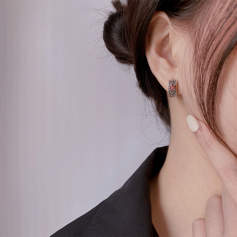 925 Sterling Silver Floral Pattern Red Green Zircon Front And Back Wear Vintage Earrings