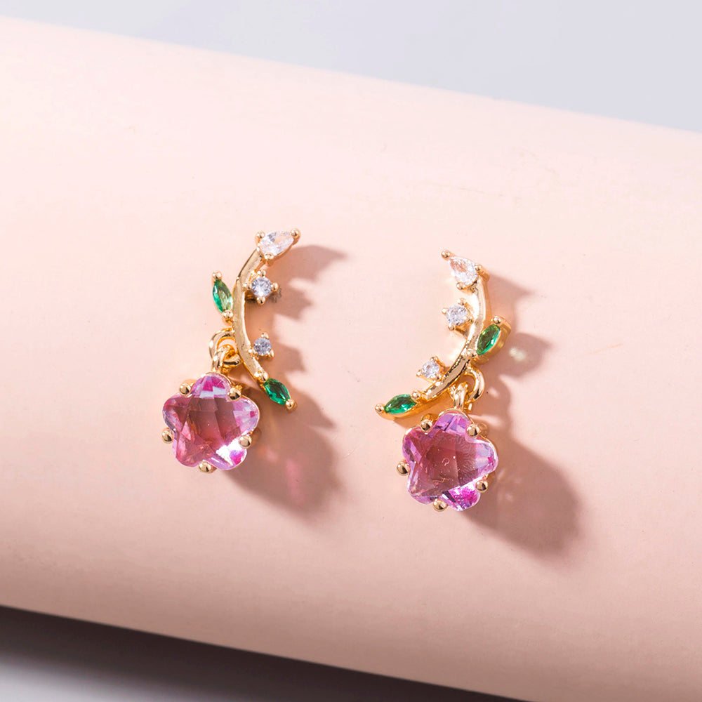 European and American jewelry plum blossom zircon earrings leaf flower ladies