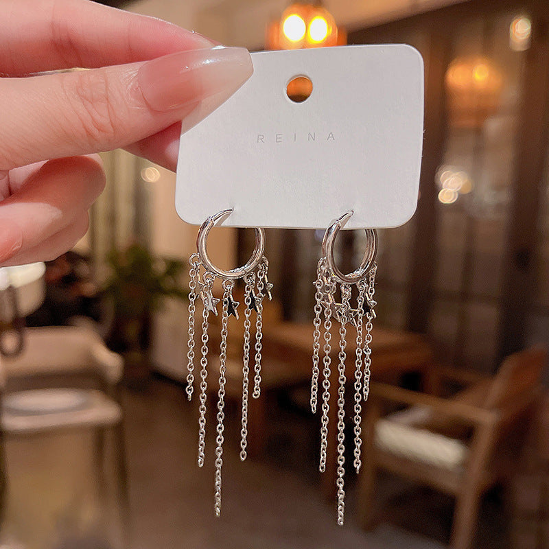 Silver Needle Long Fringed Zircon Earrings