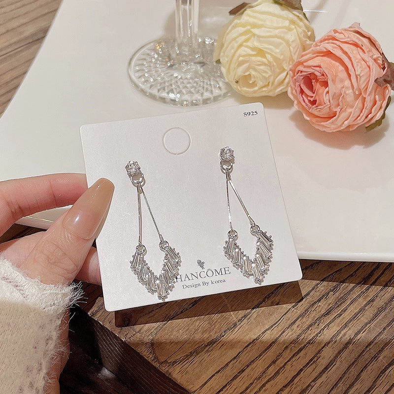 Silver Needle Long Fringed Zircon Earrings