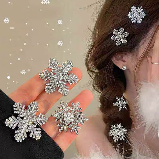 Cyrstal Snowflake Pearl Hair Clip Winter Girls Small Sweet Bobby Pins Women Fashion Retro Flower Hairside Headwear