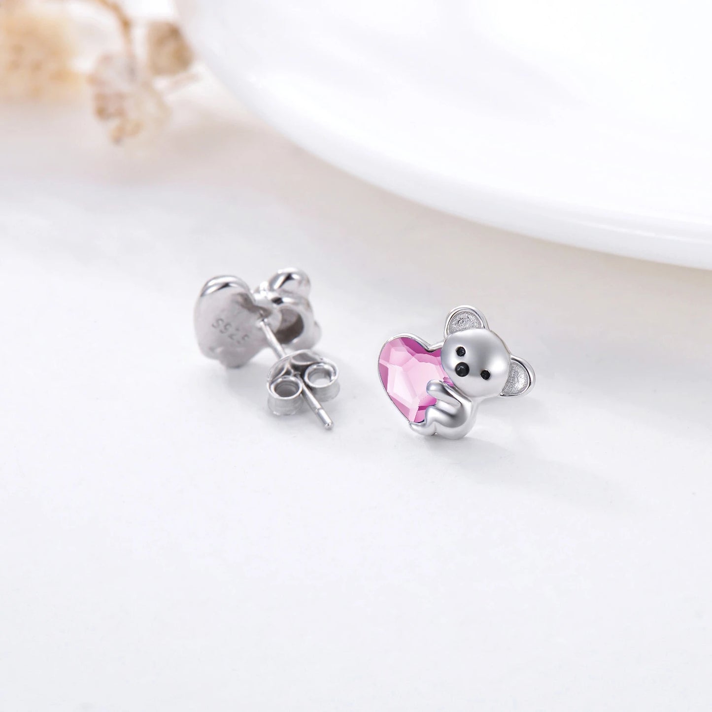 YFN 925 Sterling Silver Koala Bear Cute Animal Hypoallergenic Heart Crystal Earrings Jewelry (US only)