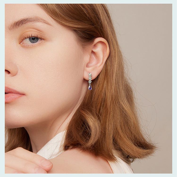 Sterling Silver S925 Vintage Purple Zircon Shell Pearls Simple Flower Earrings