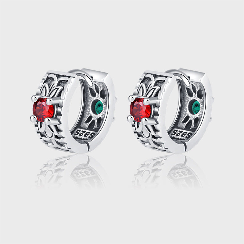 925 Sterling Silver Floral Pattern Red Green Zircon Front And Back Wear Vintage Earrings