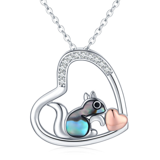 YFN 925 Sterling Silver Squirrel Abalone Shell Cubic Zirconia Cute Animal Heart Pendant Necklace (US only)