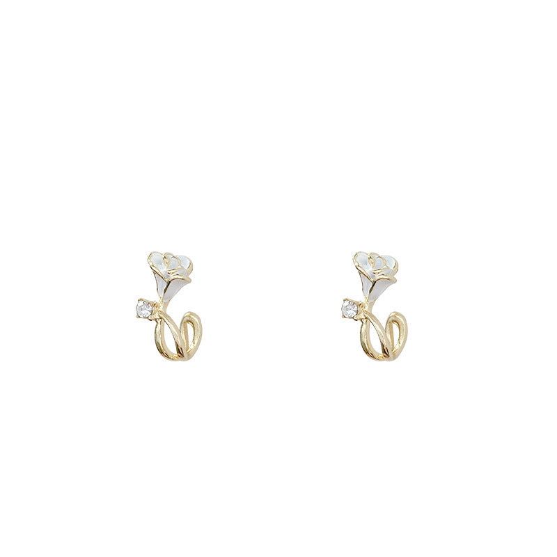 Sterling Silver Needle White Rose Flower Stud Earrings Light Luxury Minority Elegant Zircon